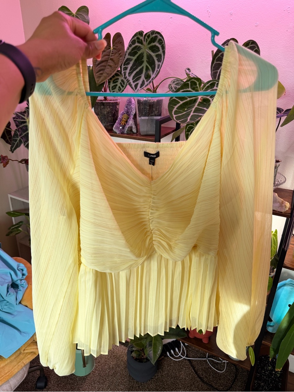 Zara Pale Yellow Pleated V-Neck Blouse